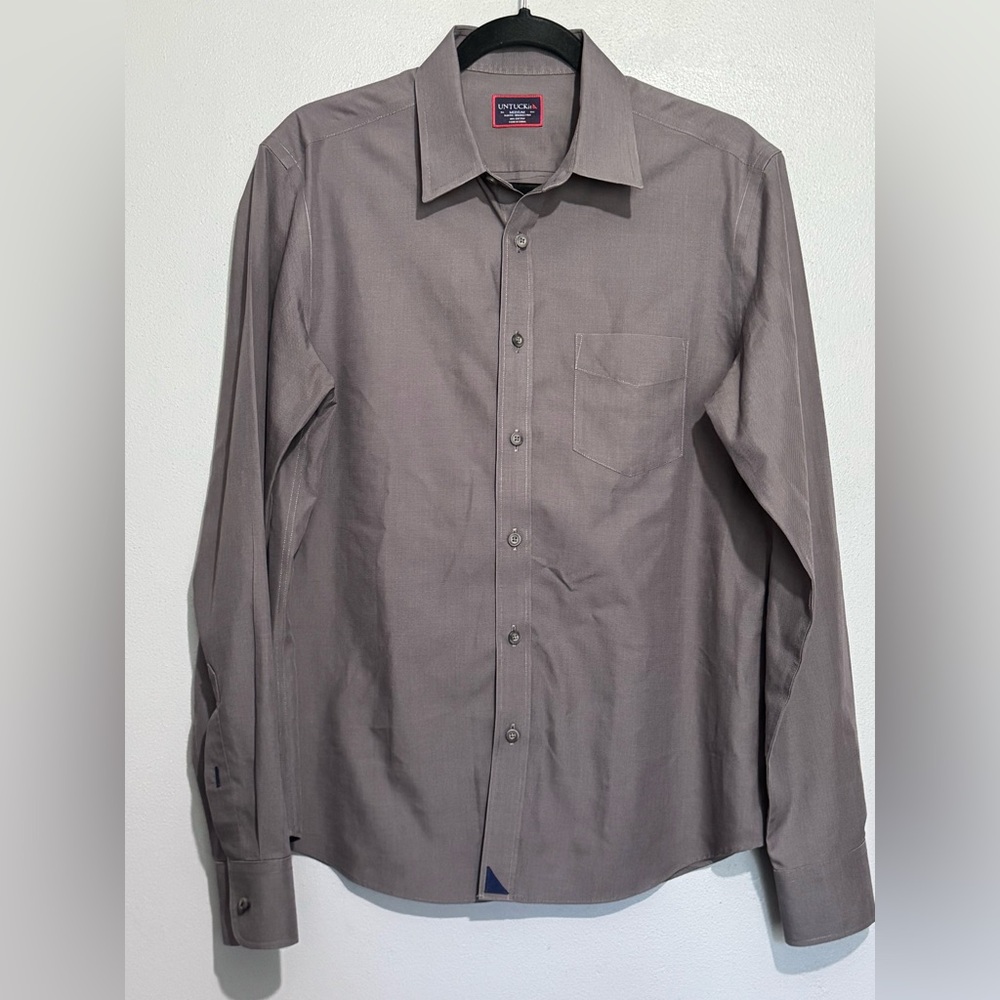 Untuck it Mens Button Front Long Sleeve Cotton Gray Shirt Medium M